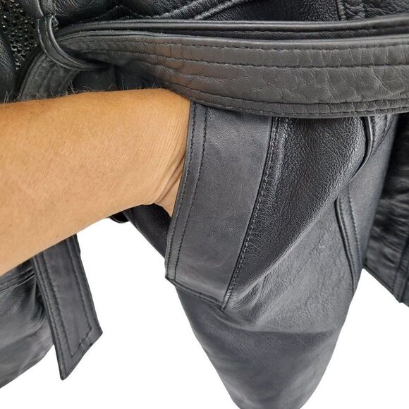 Vintage 80s Leather Flight Jacket M Black Long Belted Hidden Zip Biker Moto - Picture 7 of 16